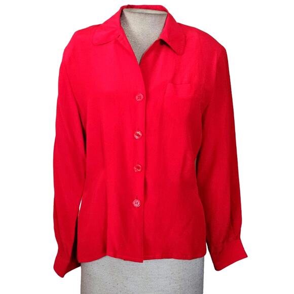 Vintage Red Button Up Long Sleeve Silk Blouse Size 10 - Picture 1 of 4